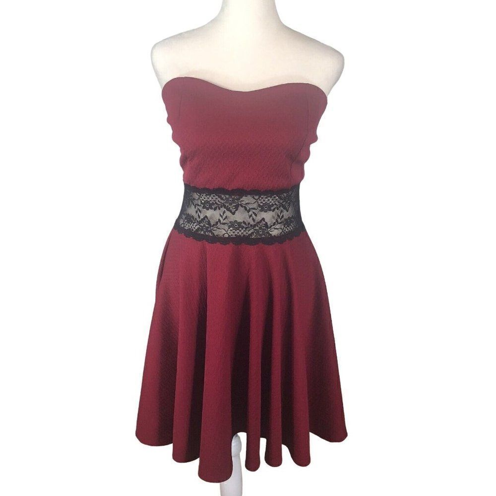 Strapless Maroon Stretch Pin Up Dress Large Black Lace Waist Rockabilly Swing